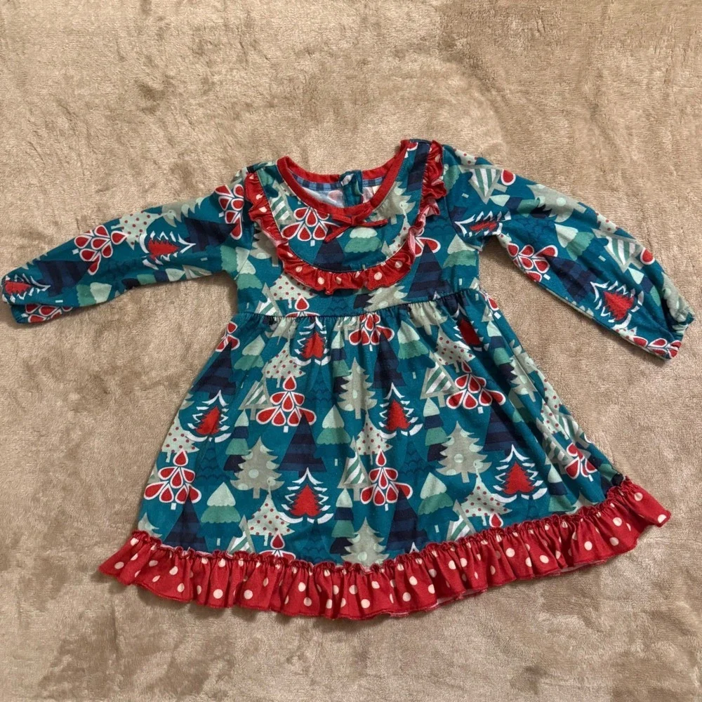 Matilda Jane Girls Christmas Tree Nightgown Dress Blue Red Ruffle Size 4/6